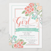 Floral Baby shower Uitnodiging - Koraal en Blauwgr (Voorkant / Achterkant)