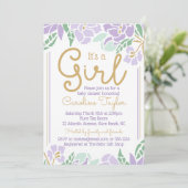 Floral Baby shower Uitnodiging paars en goud (Staand voorkant)