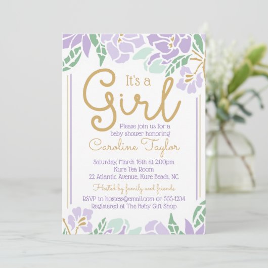 Floral Baby shower Uitnodiging paars en goud (Staand voorkant)