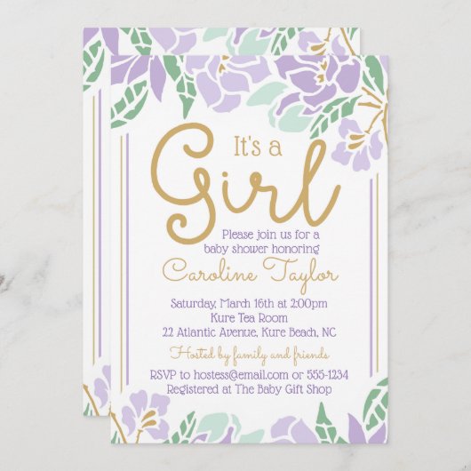 Floral Baby shower Uitnodiging paars en goud (Voorkant / Achterkant)