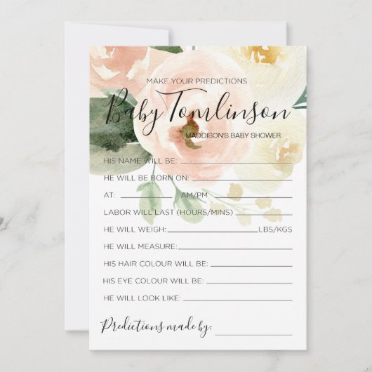 Floral Baby shower Voorspellingen Guess Game Kaart (Voorkant)