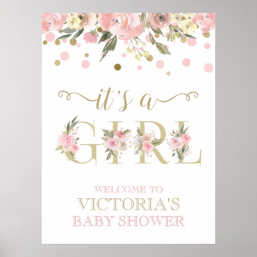 Floral Baby shower Waterverf roze goud Poster (Voorkant)