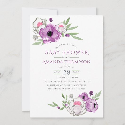 Floral Baby shower Waterverf Violet and Sage Kaart (Voorkant)
