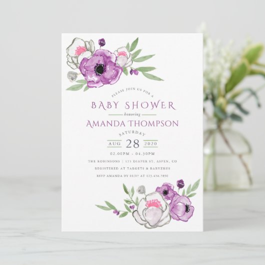 Floral Baby shower Waterverf Violet and Sage Kaart (Staand voorkant)
