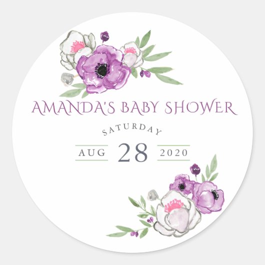 Floral Baby shower Waterverf Violet and Sage Ronde Sticker (Voorkant)