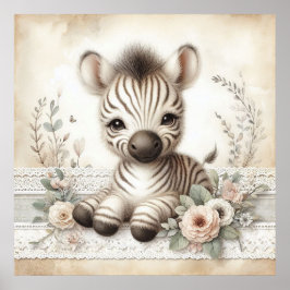 Floral Baby Zebra Nursery Poster