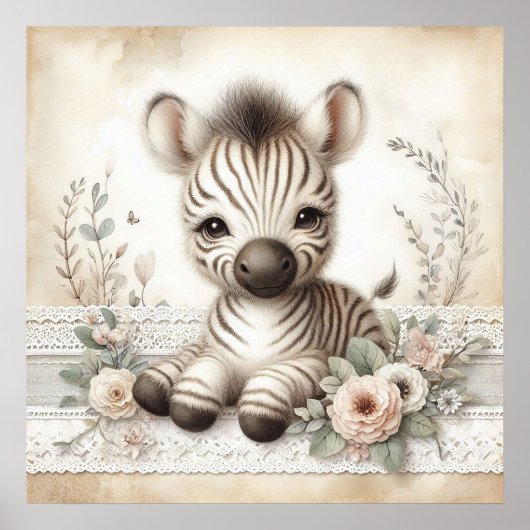 Floral Baby Zebra Nursery Poster (Voorkant)