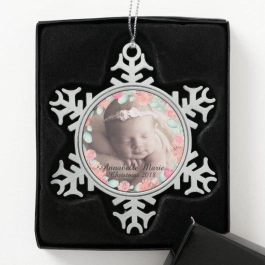 Floral Baby's Eerste Kerstmis Tin Sneeuwvlok Ornament (Kistje)