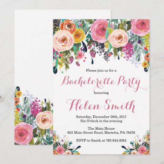Floral Bachelorette Party Invitation Card Kaart (Voorkant / Achterkant)