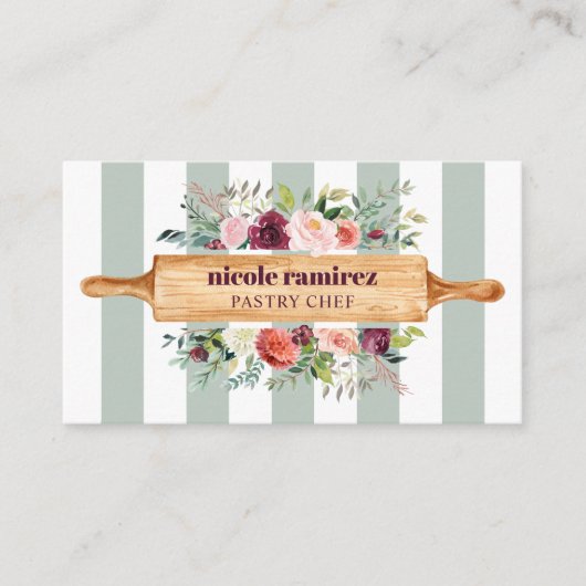 Floral Bakery Patisserie stripe burgundy Visitekaartje (Voorkant)