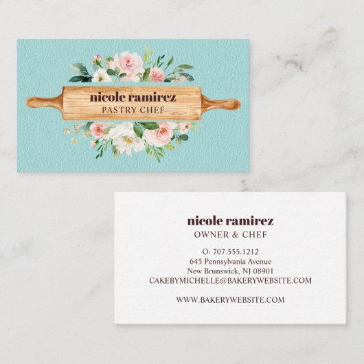 Floral Bakery Rolling Pin Dessert Blue Leather Visitekaartje (Voorkant / Achterkant)