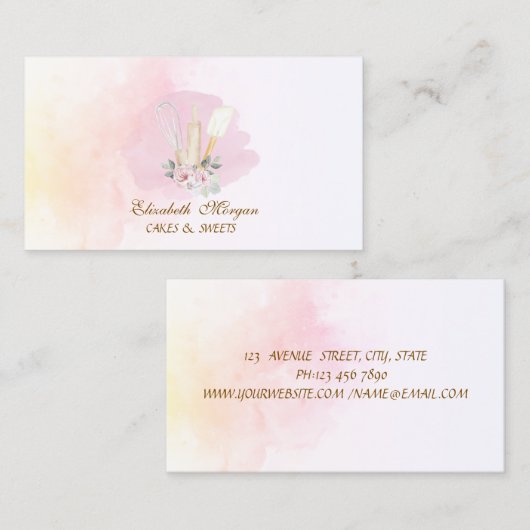 Floral Bakery Tools Watercolor Visitekaartje (Voorkant / Achterkant)