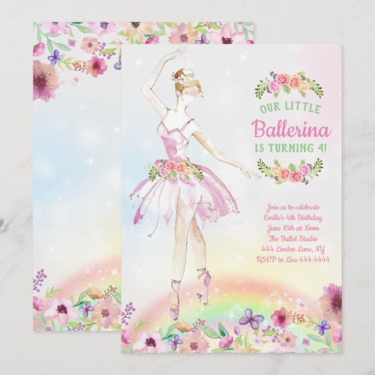Floral Ballerina Birthday Party Kaart (Voorkant / Achterkant)