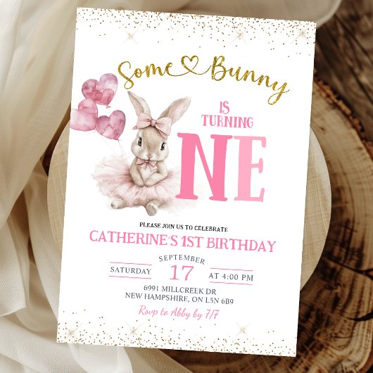Floral Ballerina Bunny First Birthday Invitation Kaart