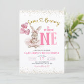 Floral Ballerina Bunny First Birthday Invitation Kaart (Staand voorkant)
