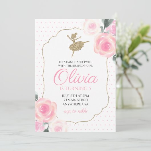 Floral Ballerina Verjaardag Uitnodiging (Staand voorkant)