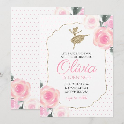 Floral Ballerina Verjaardag Uitnodiging (Voorkant / Achterkant)