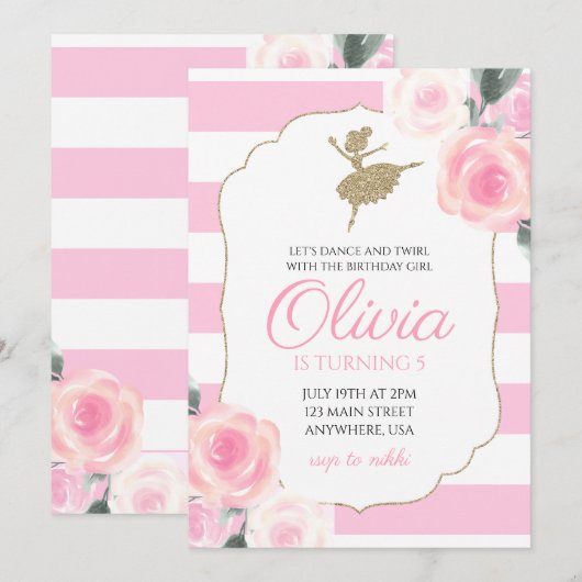 Floral Ballerina Verjaardag Uitnodiging (Voorkant / Achterkant)