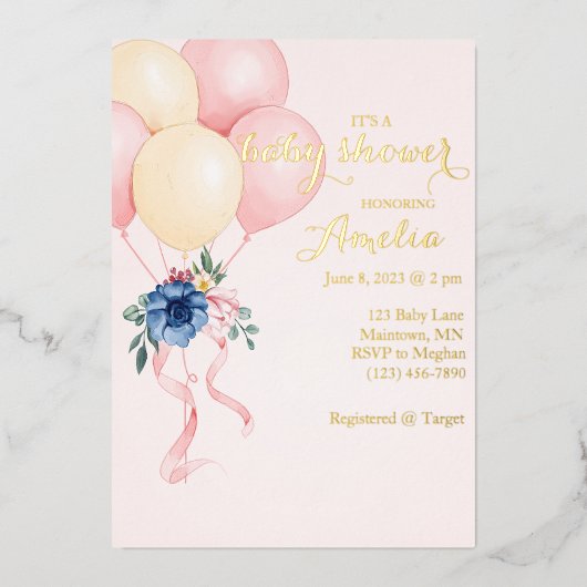 Floral Balloon Baby shower Folie Uitnodiging (Voorkant)