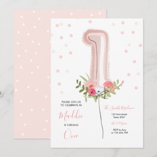 Floral Balloon eerste verjaardag uitnodiging roze (Voorkant / Achterkant)