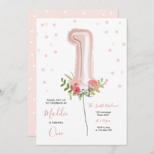 Floral Balloon eerste verjaardag uitnodiging roze