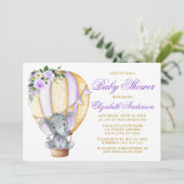 Floral Balloon Elephant Baby shower Paars Kaart (Staand voorkant)