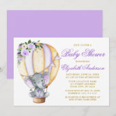 Floral Balloon Elephant Baby shower Paars Kaart (Voorkant / Achterkant)