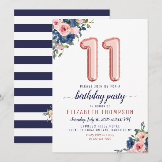 Floral Balloon Roos Gold Blush Navy 11th Birthday Kaart (Voorkant / Achterkant)