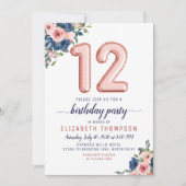 Floral Balloon Roos Gold Blush Navy 12th Birthday Kaart (Voorkant)