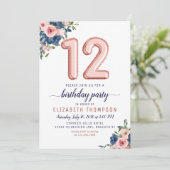 Floral Balloon Roos Gold Blush Navy 12th Birthday Kaart (Staand voorkant)