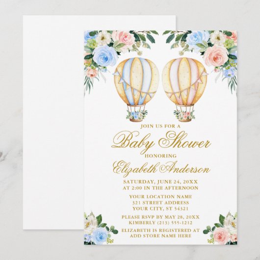 Floral Balloons Boy Girl Twins Baby shower Kaart (Voorkant / Achterkant)