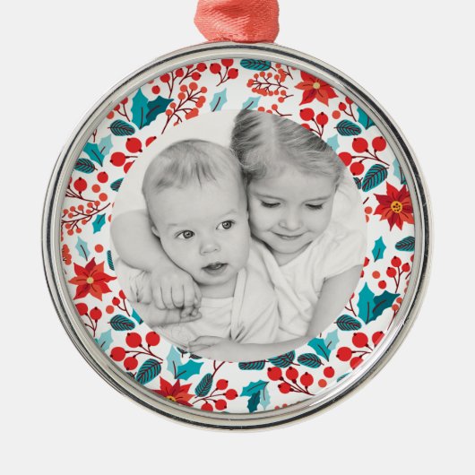 Floral Banner Holiday Photo Premium Round Ornament (Voorkant)