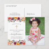 Floral Baptism 1st Birthday Fotouitnodiging Briefkaart (Voorkant / Achterkant)