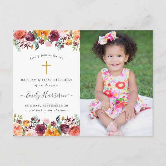 Floral Baptism 1st Birthday Fotouitnodiging Briefkaart (Voorkant)