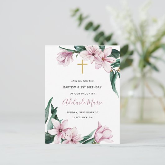 Floral Baptism and First Birthday Invitation Briefkaart (Staand voorkant)
