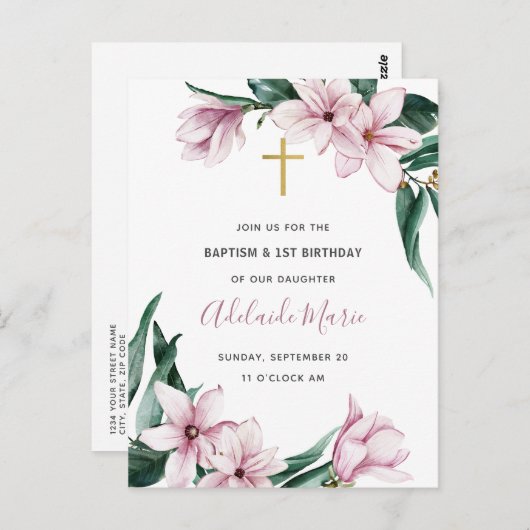 Floral Baptism and First Birthday Invitation Briefkaart (Voorkant / Achterkant)