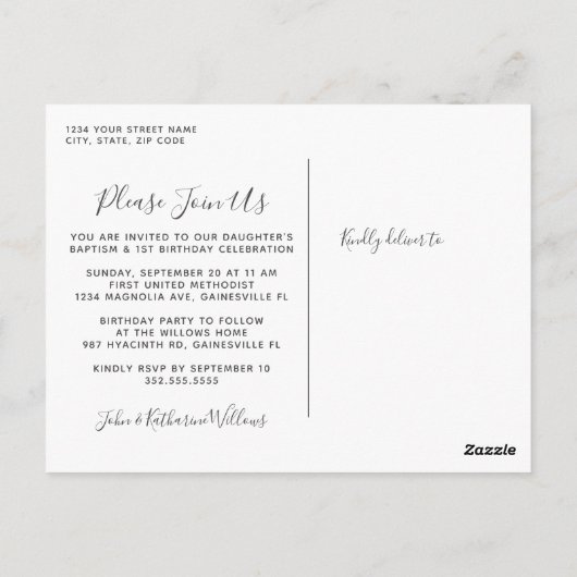 Floral Baptism and First Birthday Invitation Briefkaart (Achterkant)