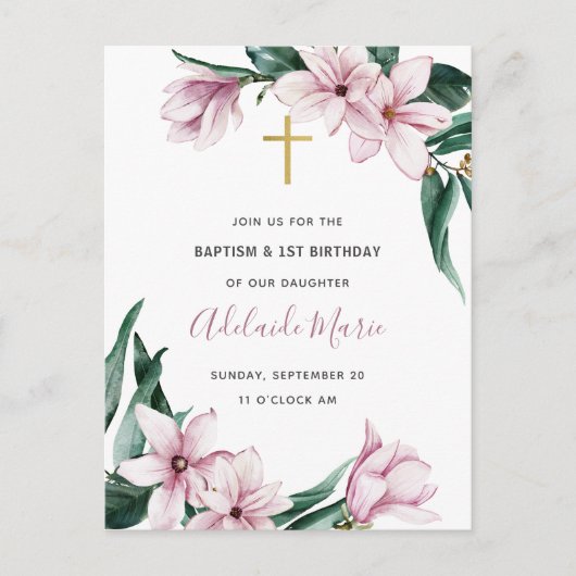 Floral Baptism and First Birthday Invitation Briefkaart (Voorkant)