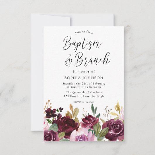 Floral Baptism & Brunch Waterverf Burgundy Maroon Kaart (Voorkant)