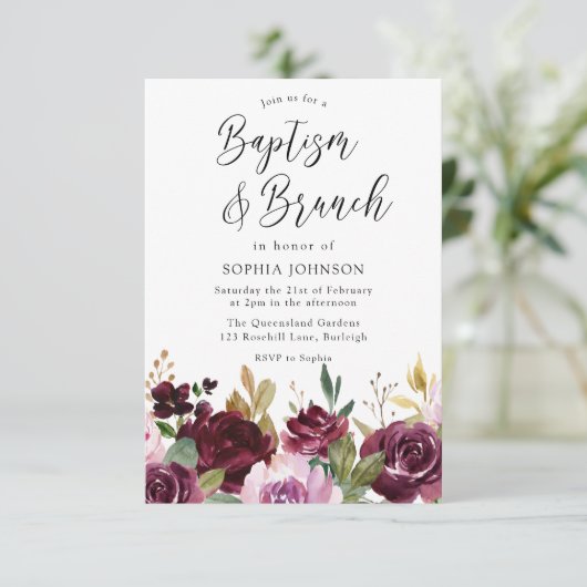 Floral Baptism & Brunch Waterverf Burgundy Maroon Kaart (Staand voorkant)