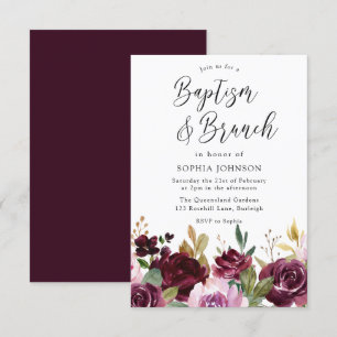 Floral Baptism & Brunch Waterverf Burgundy Maroon Kaart