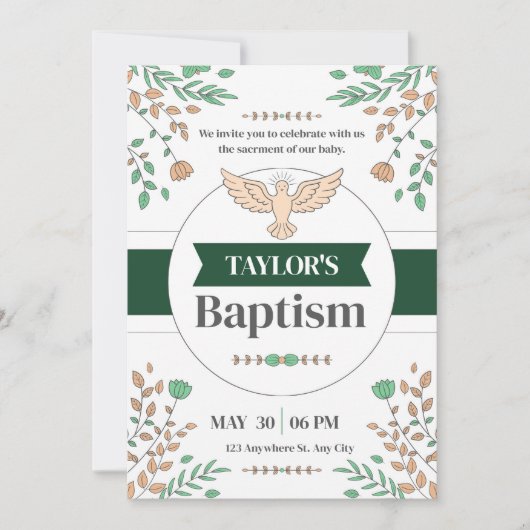Floral Baptism Ceremony Fotocall Groene uitnodigin Kaart (Voorkant)