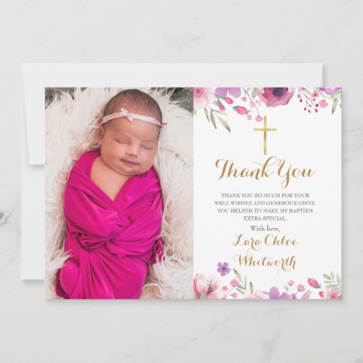 Floral Baptism, Christening Foto Script Bedankkaart (Voorkant)