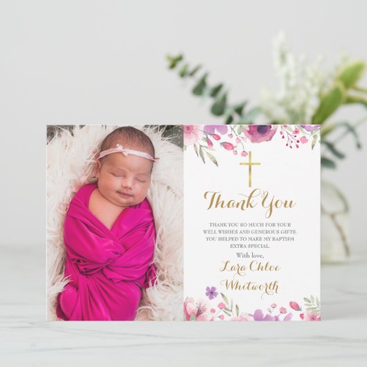 Floral Baptism, Christening Foto Script Bedankkaart (Staand voorkant)