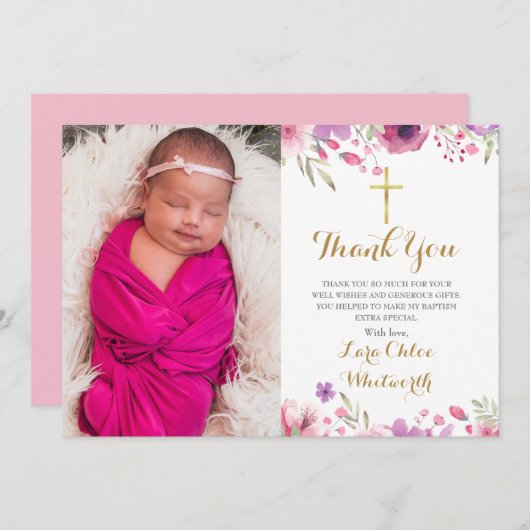 Floral Baptism, Christening Foto Script Bedankkaart (Voorkant / Achterkant)