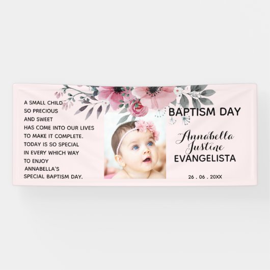 Floral BAPTISM DAY Zacht Roze/Grijs Evenementenfee Spandoek (Horizontaal)