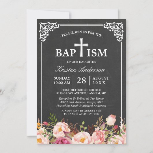 Floral Baptism | Elegant  Chalkboard-Lijst Kaart (Voorkant)