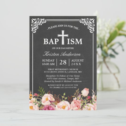 Floral Baptism | Elegant  Chalkboard-Lijst Kaart (Staand voorkant)