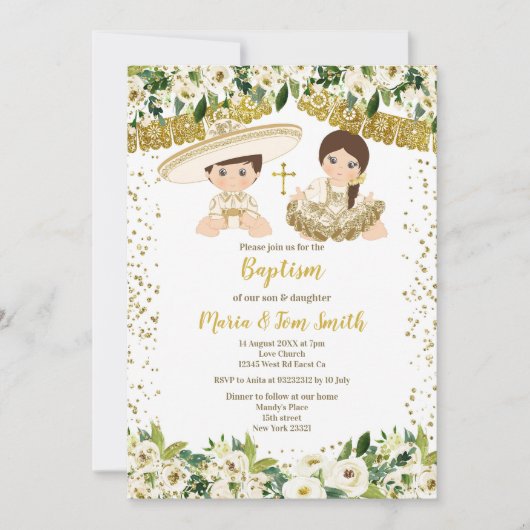 Floral Baptism Fiesta Twin Invitation Kaart (Voorkant)