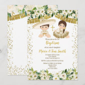 Floral Baptism Fiesta Twin Invitation Kaart (Voorkant / Achterkant)